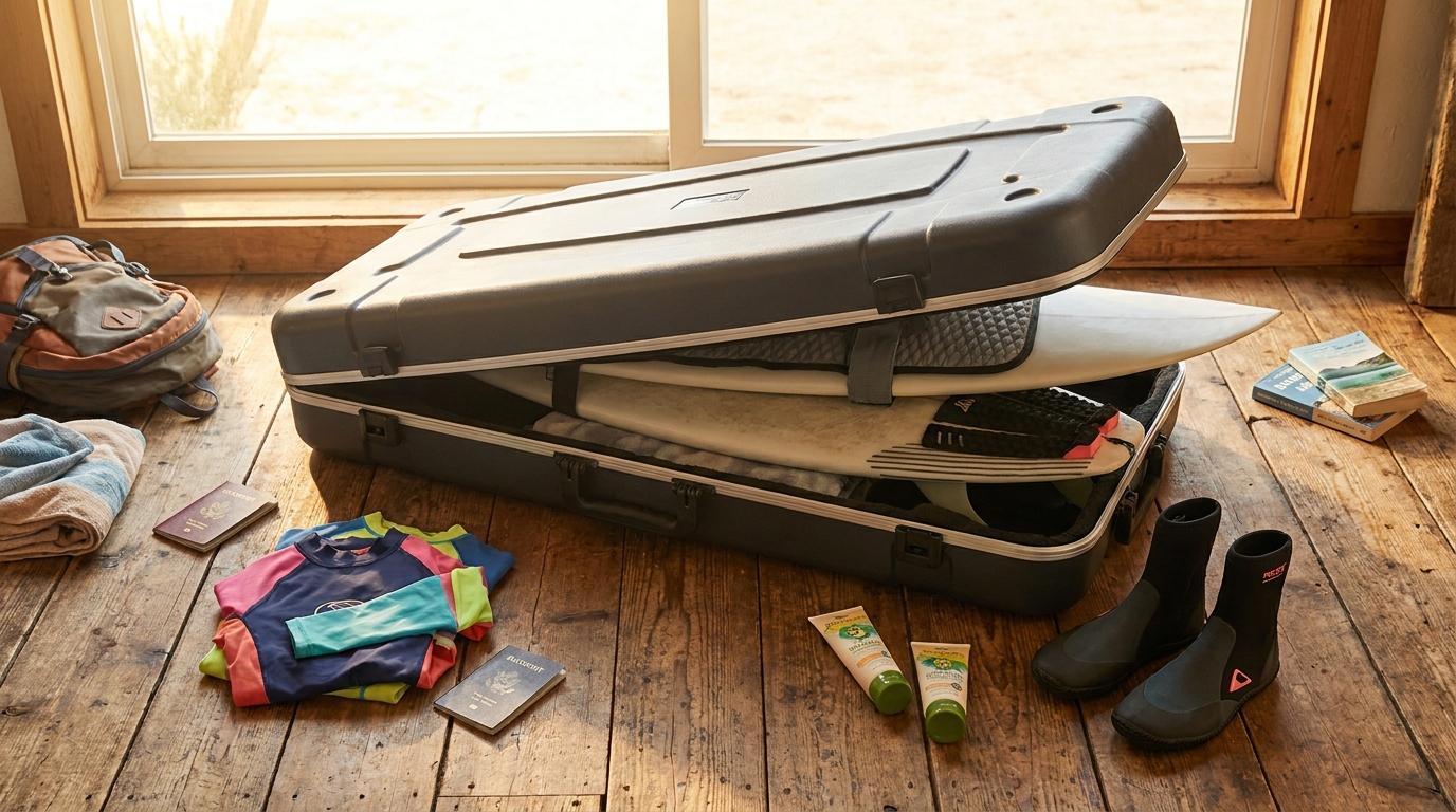 Surf travel packing — surfing and water sports article illustration
